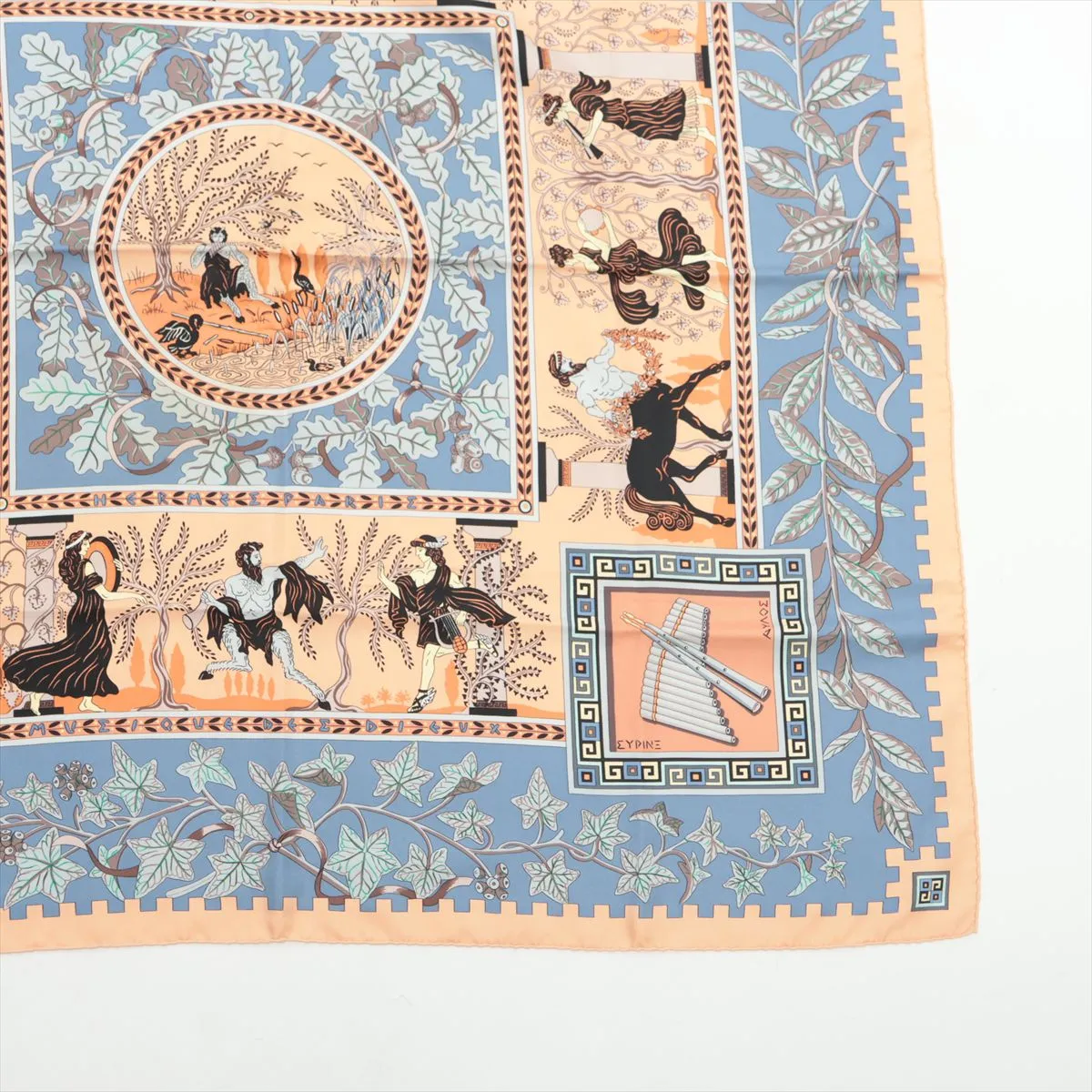 Carre 90 KYMBALA Ancient Roman Scarf, Silk, Orange x Blue, with some wear, snags, and fraying. — view 4