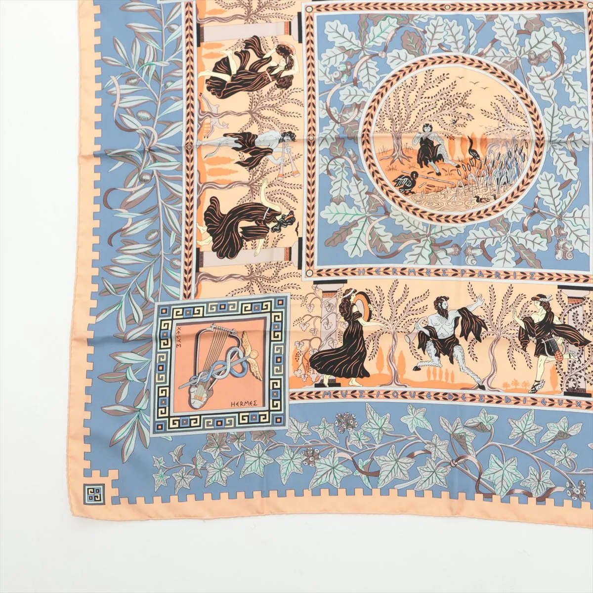 Carre 90 KYMBALA Ancient Roman Scarf, Silk, Orange x Blue, with some wear, snags, and fraying. — view 5