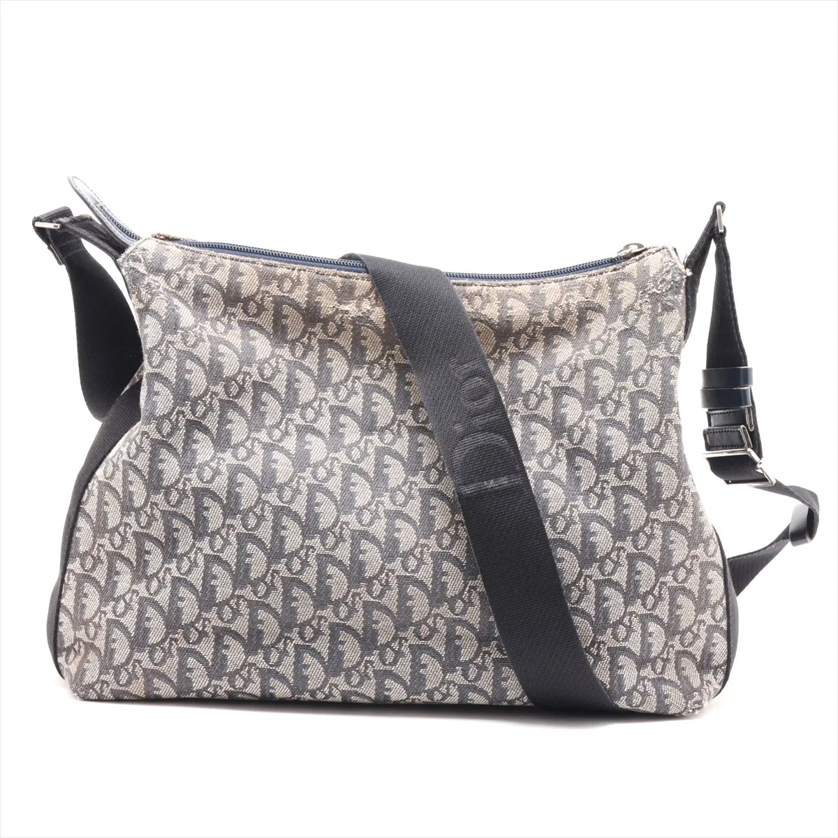 Trotter Canvas x Leather Shoulder Bag, Navy, without pull tab.