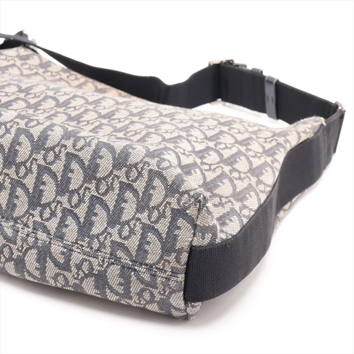 Trotter Canvas x Leather Shoulder Bag, Navy, without pull tab. — view 3
