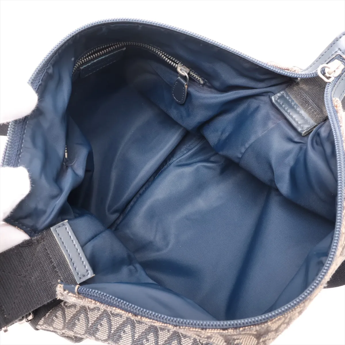 Trotter Canvas x Leather Shoulder Bag, Navy, without pull tab. — view 6