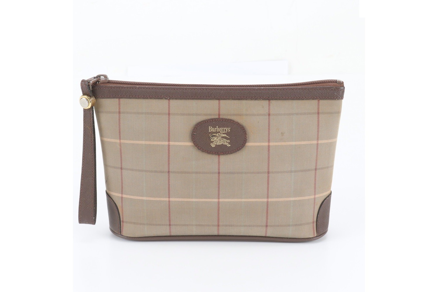 Checkered pattern leather canvas clutch bag