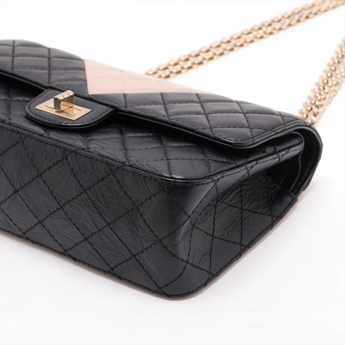 Matelassé 2.55 Vintage Calf Double Flap Double Chain Bag, Black x Beige, Gold Hardware, 23929885, Serial Number , A37586 — view 3