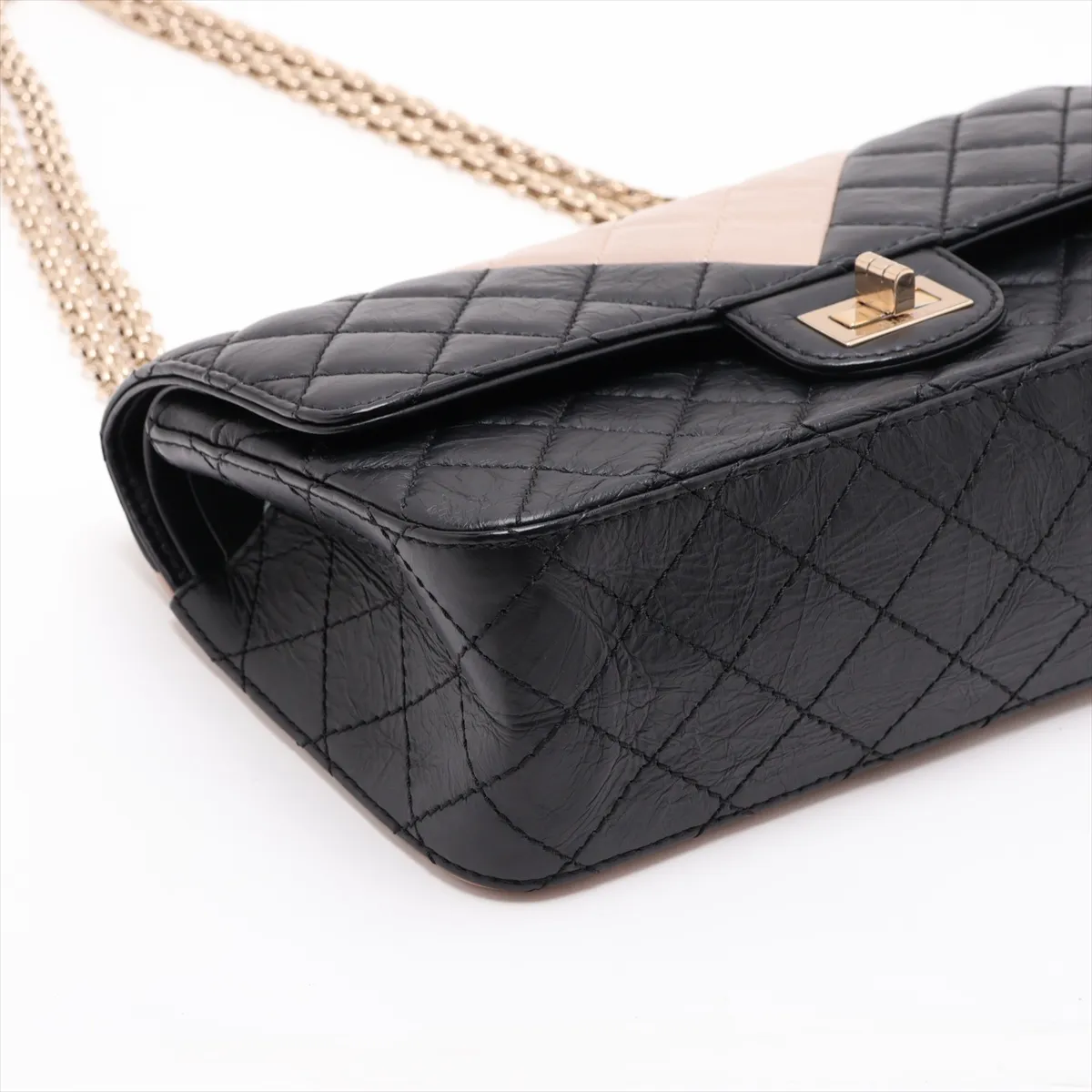Matelassé 2.55 Vintage Calf Double Flap Double Chain Bag, Black x Beige, Gold Hardware, 23929885, Serial Number , A37586 — view 4