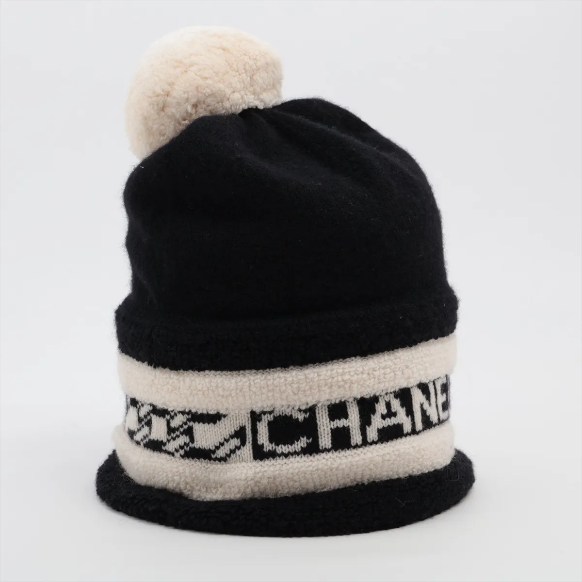 logo 20K cashmere knit cap, black and white. Shows wear, — view 2