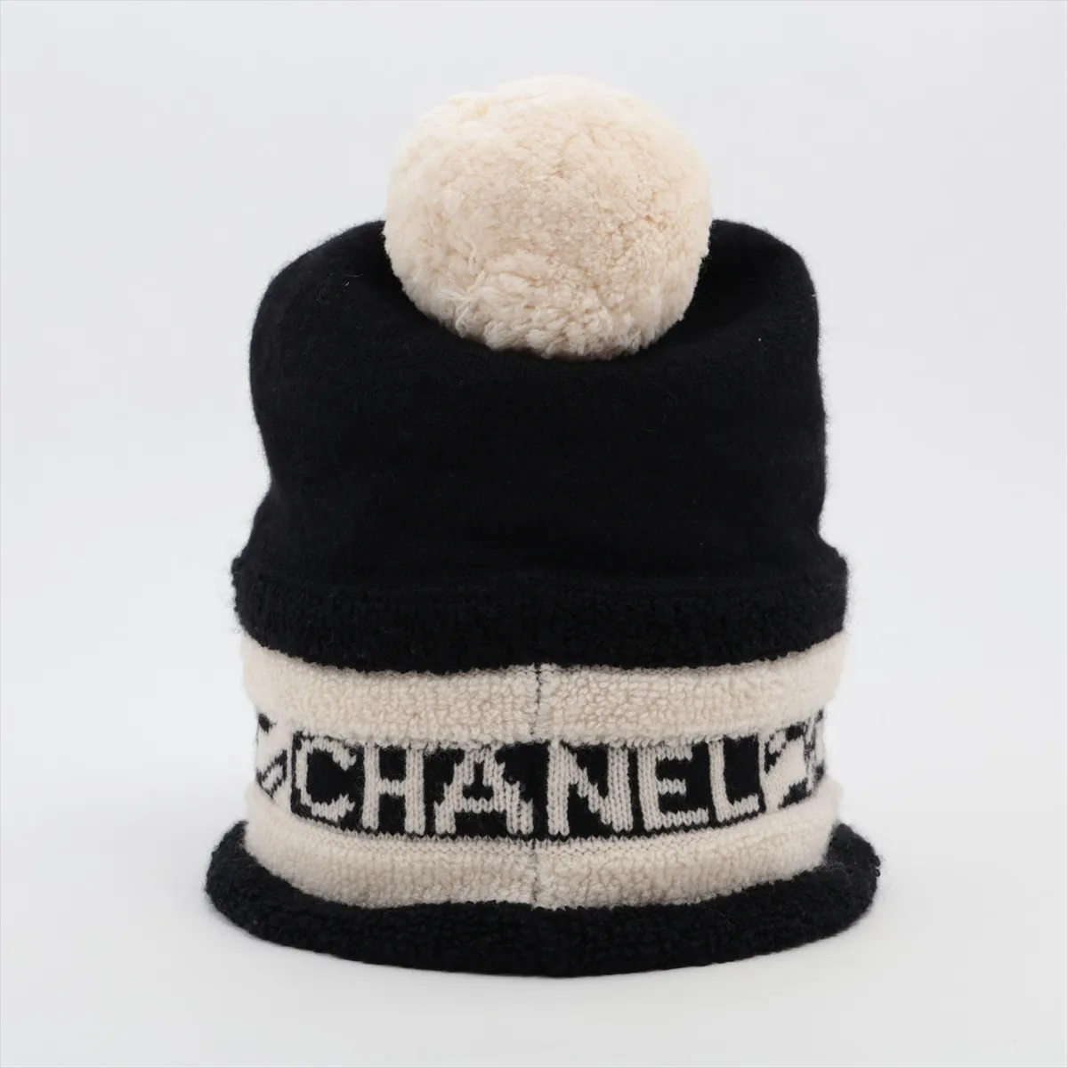 logo 20K cashmere knit cap, black and white. Shows wear, — view 3