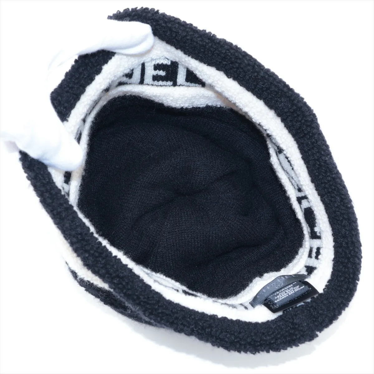 logo 20K cashmere knit cap, black and white. Shows wear, — view 4