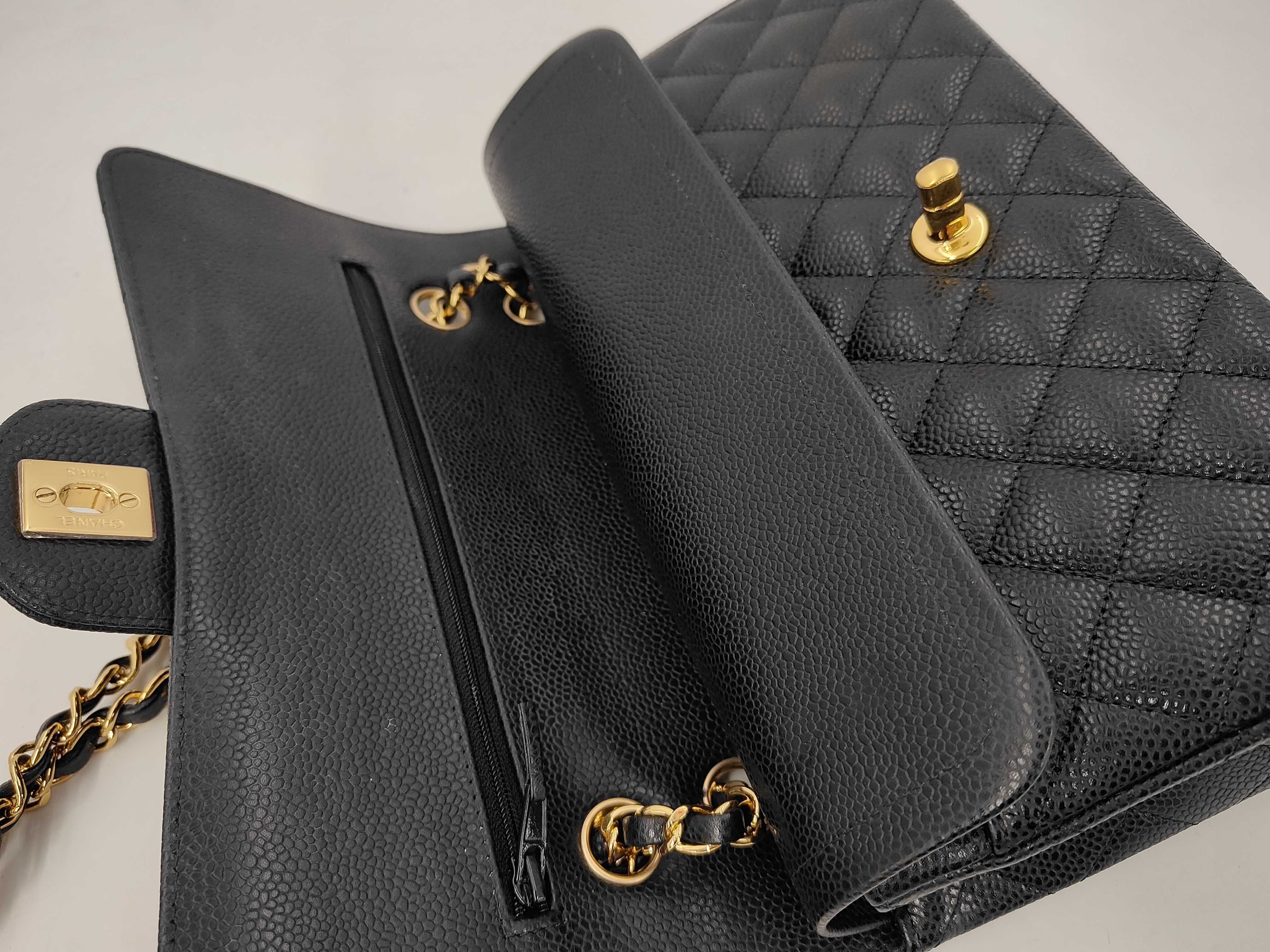 Classic Flap Black Quilted Caviar Skin Medium Shoulder Bag with Gold Hardware, Item No. 28, with Card — view 6
