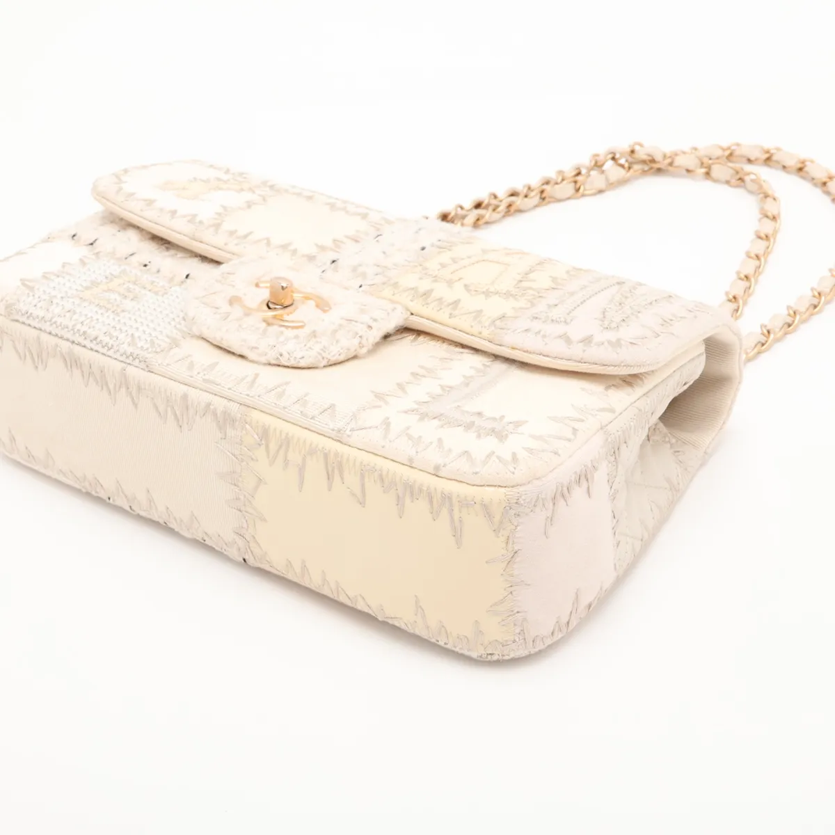 [Individually packaged] Chanel Coco Mark Canvas x Tweed x Patent Leather Single Flap Double Chain Bag Beige Silver Hardware 25801452 (Serial No. 25) — view 3