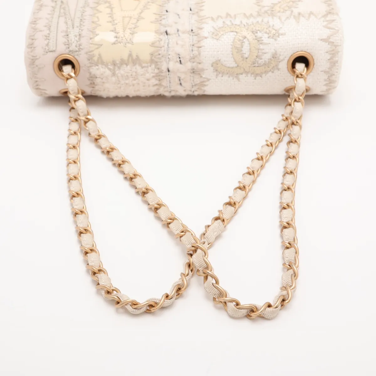 [Individually packaged] Chanel Coco Mark Canvas x Tweed x Patent Leather Single Flap Double Chain Bag Beige Silver Hardware 25801452 (Serial No. 25) — view 5
