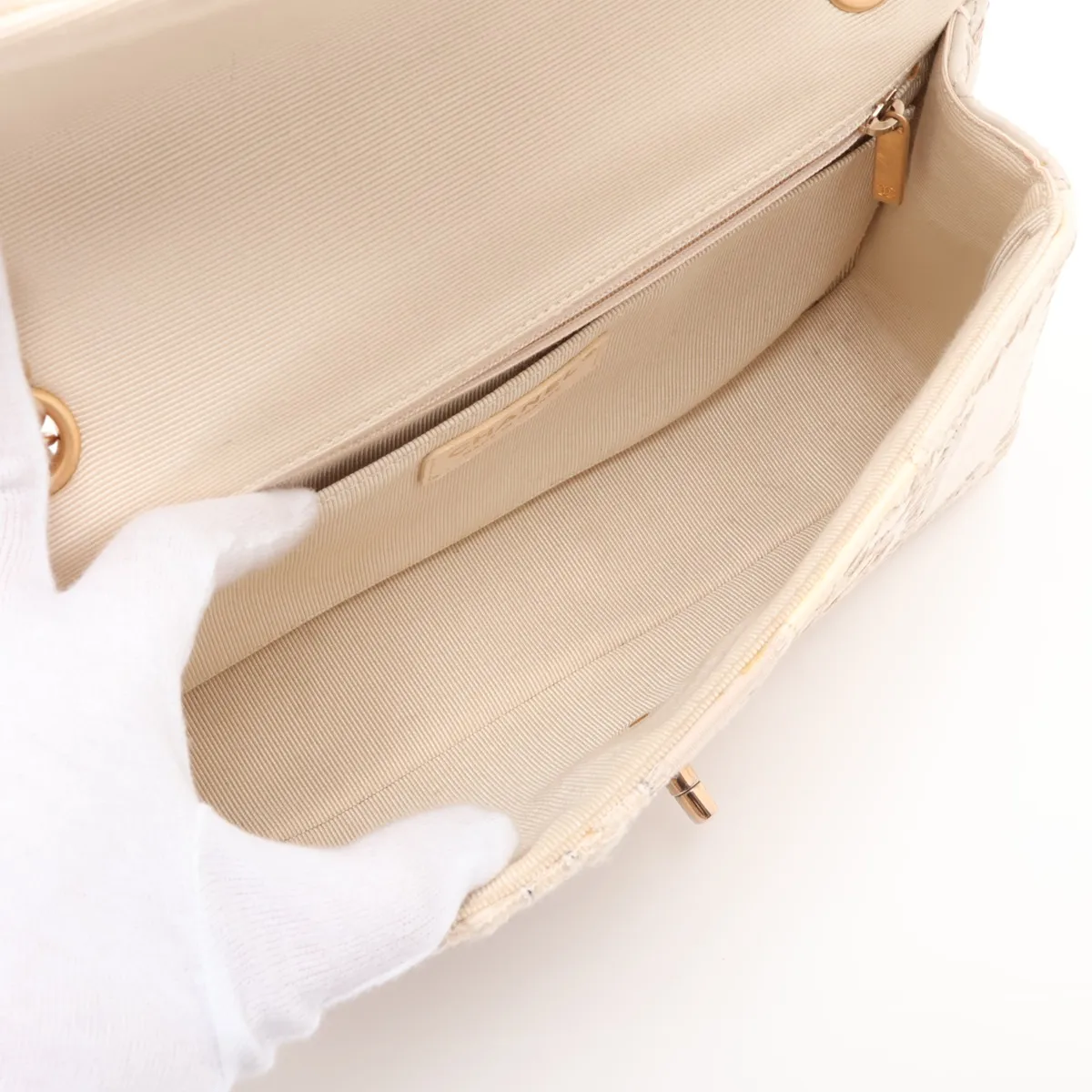 [Individually packaged] Chanel Coco Mark Canvas x Tweed x Patent Leather Single Flap Double Chain Bag Beige Silver Hardware 25801452 (Serial No. 25) — view 7