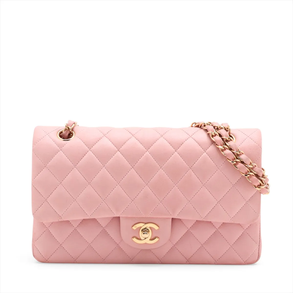 Matelassé 25 Lambskin Double Flap Double Chain Bag Pink Gold Hardware A01112