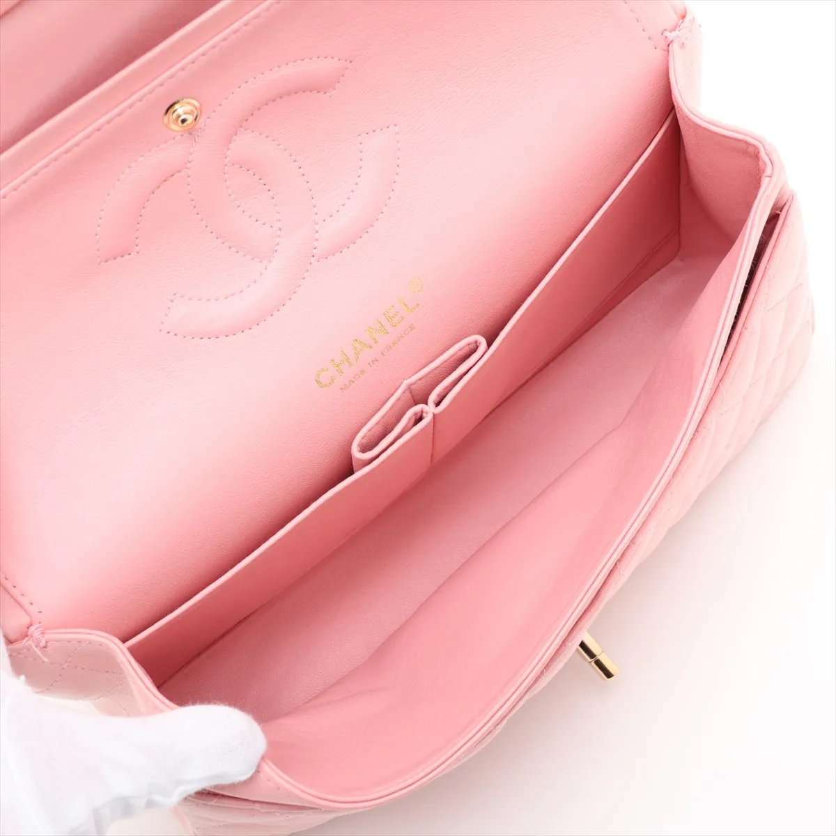 Matelassé 25 Lambskin Double Flap Double Chain Bag Pink Gold Hardware A01112 — view 7