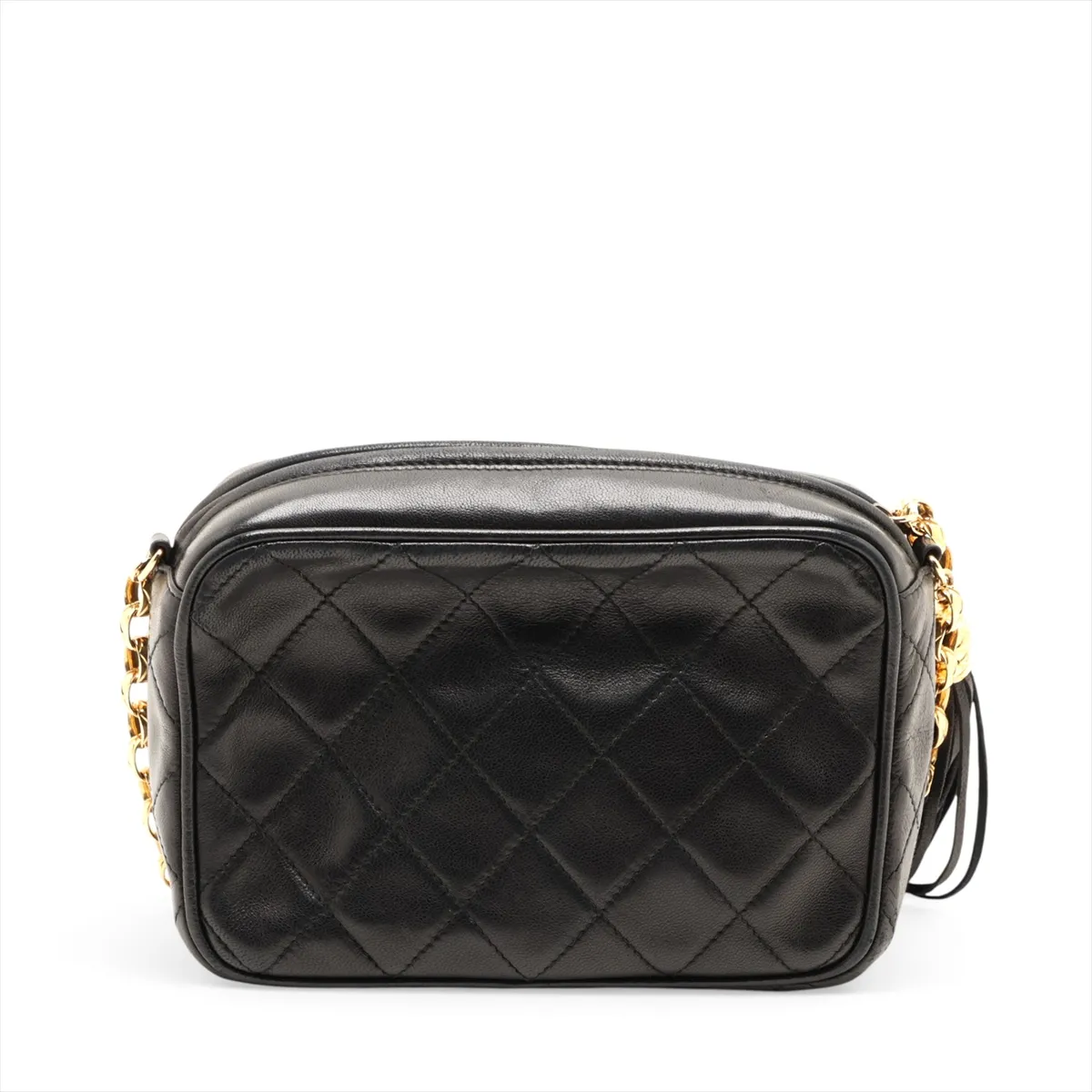 Matelassé Lambskin Chain Shoulder Bag with Fringe, Black with Gold Hardware, Item No. 1850399 — view 2