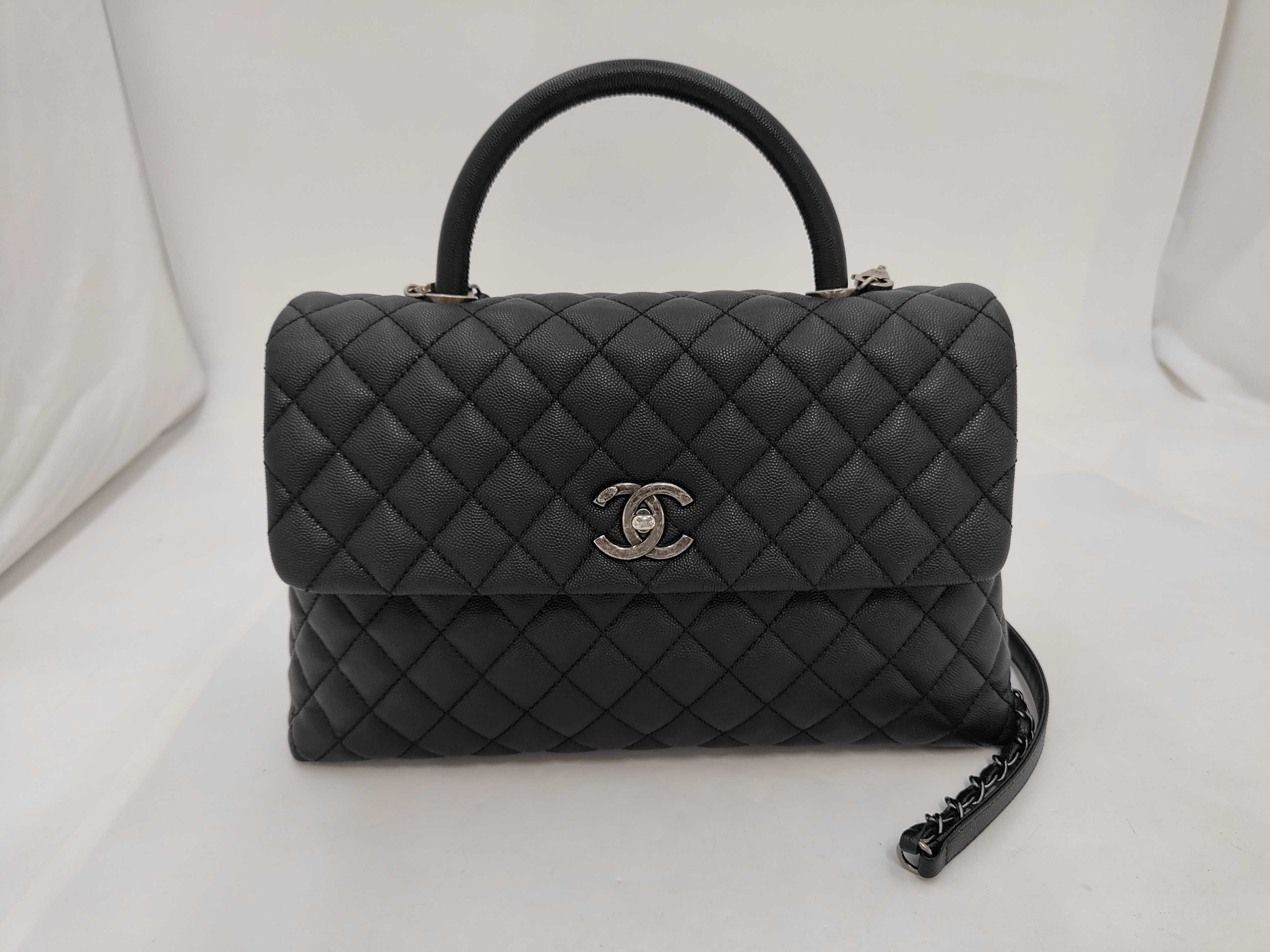 Unused, Stored Item A92992 Caviar Skin Coco Handle 33 2-Way Shoulder Bag Black Gunmetal Hardware with Original Seal