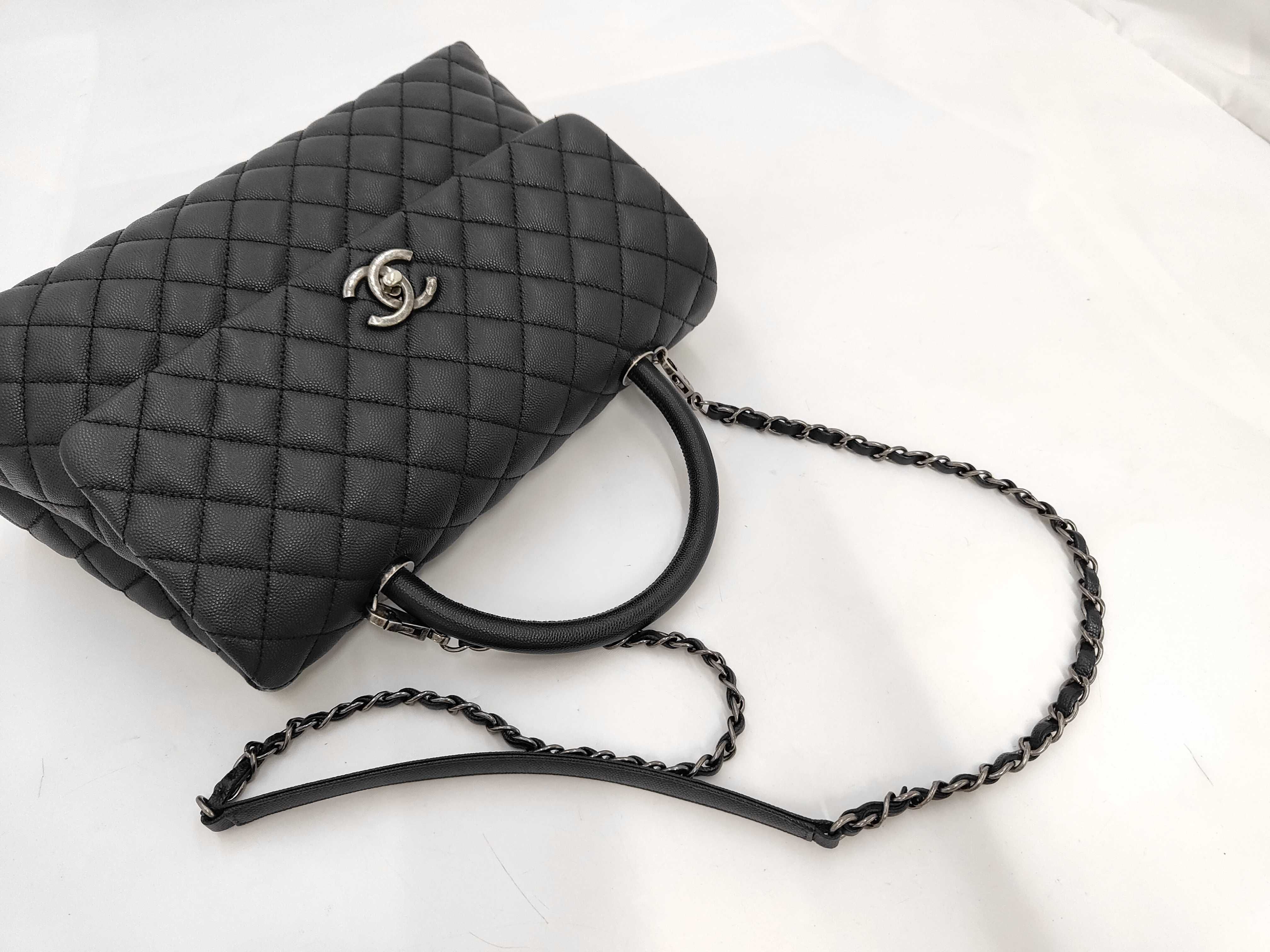 Unused, Stored Item A92992 Caviar Skin Coco Handle 33 2-Way Shoulder Bag Black Gunmetal Hardware with Original Seal — view 5