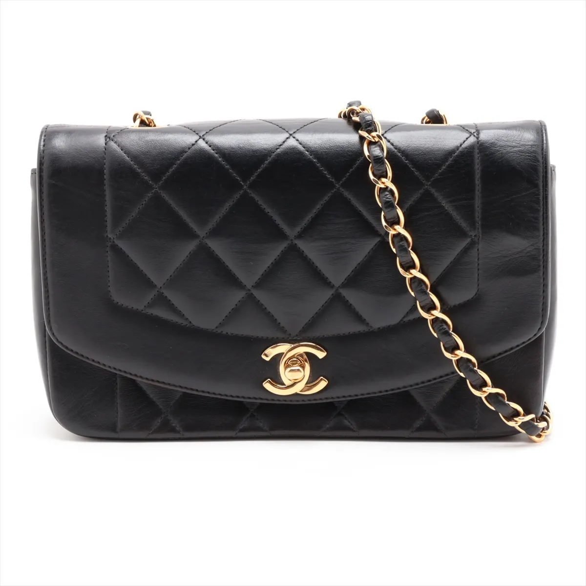 Matelassé Lambskin Single Flap Single Chain Bag, Diana Flap, Black with Gold Hardware, 3146744, Series 3