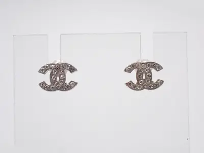 earrings, A12V, Coco Mark, rhinestone, silver, 1cm wide