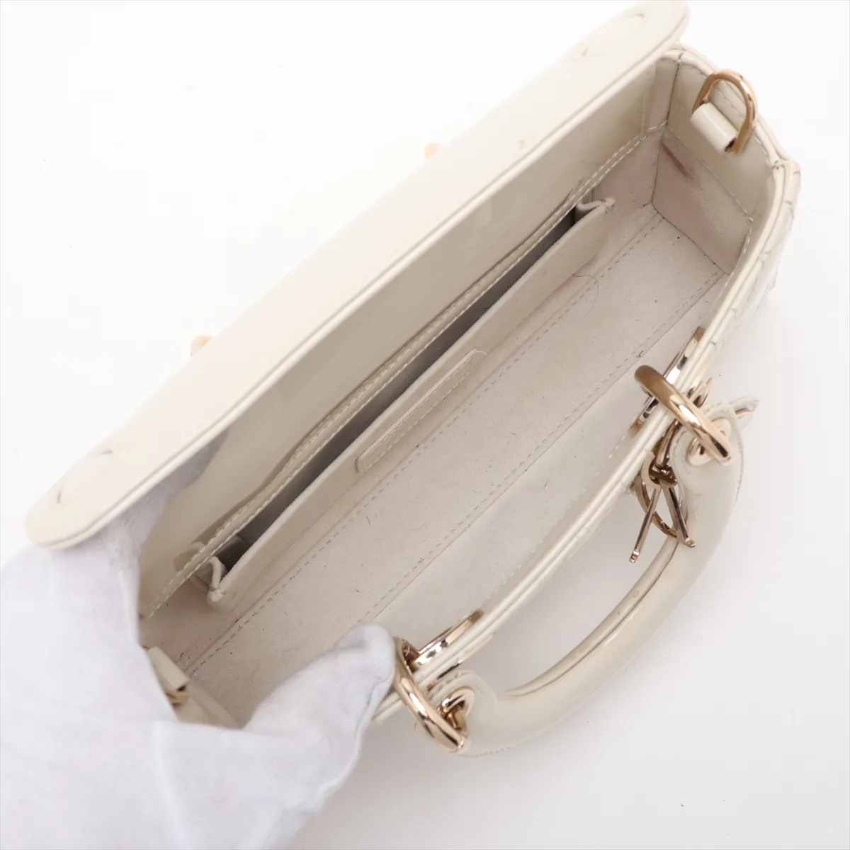 Cannage Lady D-Joy Small Patent Leather 2-Way Handbag White — view 8