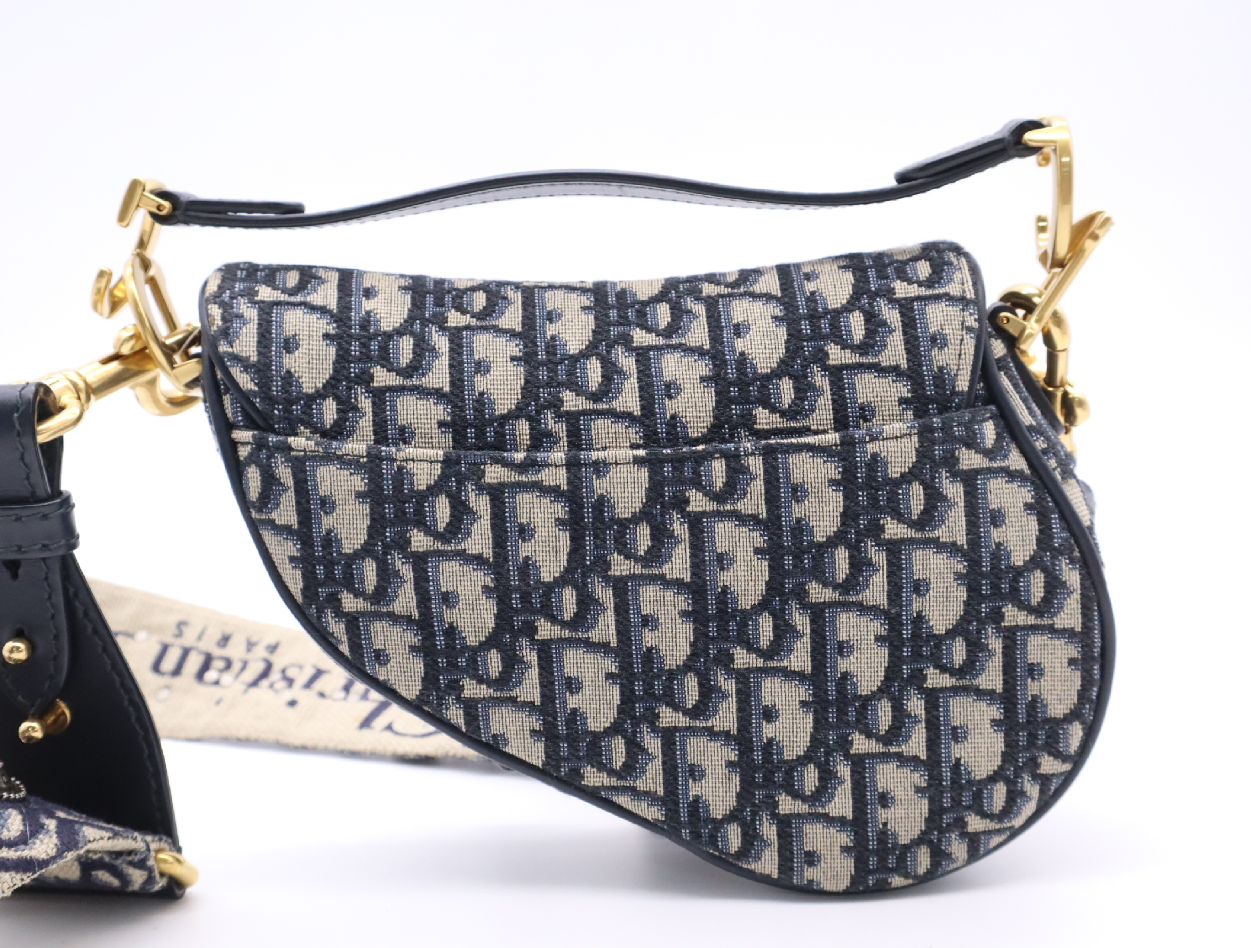 Canvas x Leather Saddle Bag Handbag, Navy, with Shoulder Strap — view 2