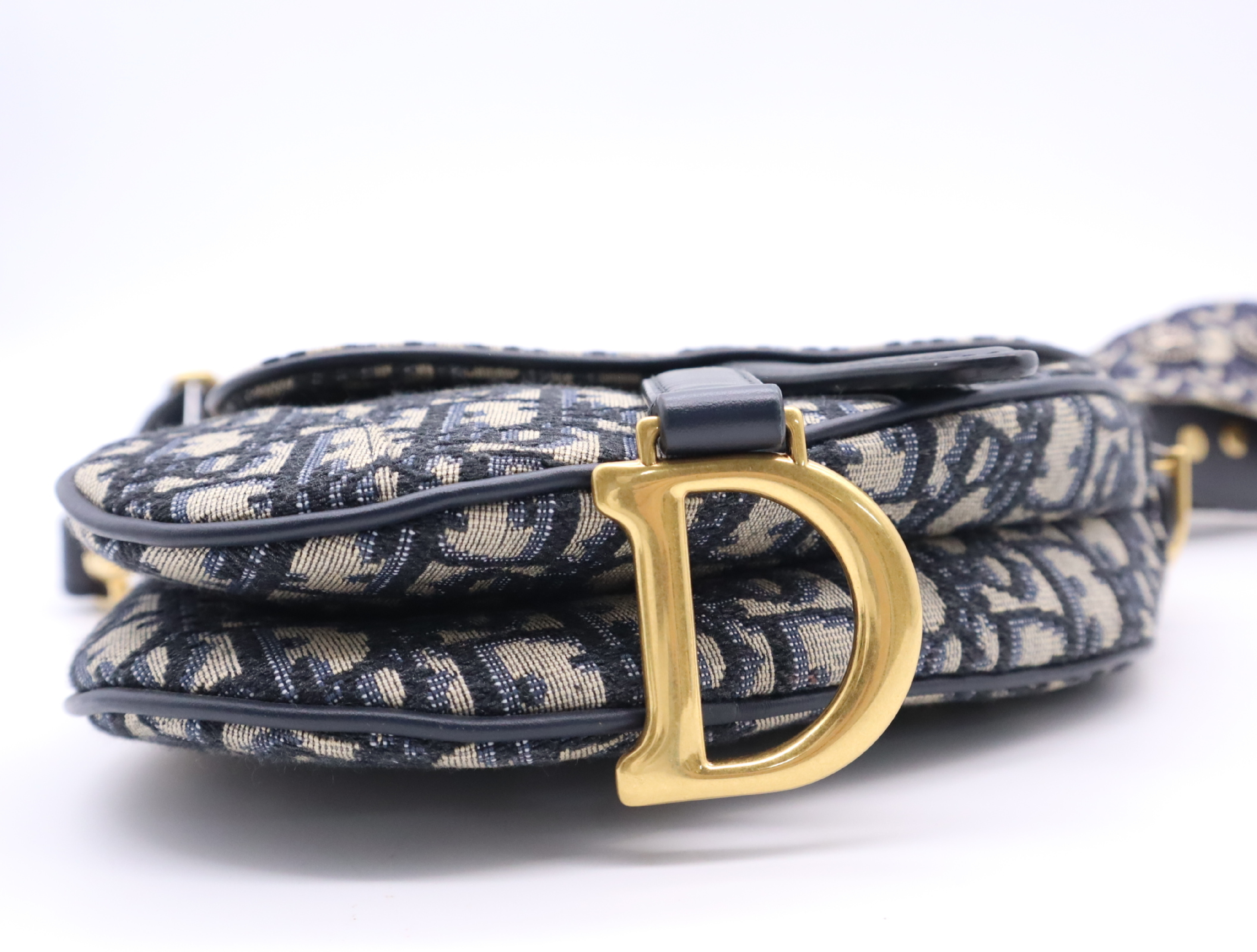 Canvas x Leather Saddle Bag Handbag, Navy, with Shoulder Strap — view 4