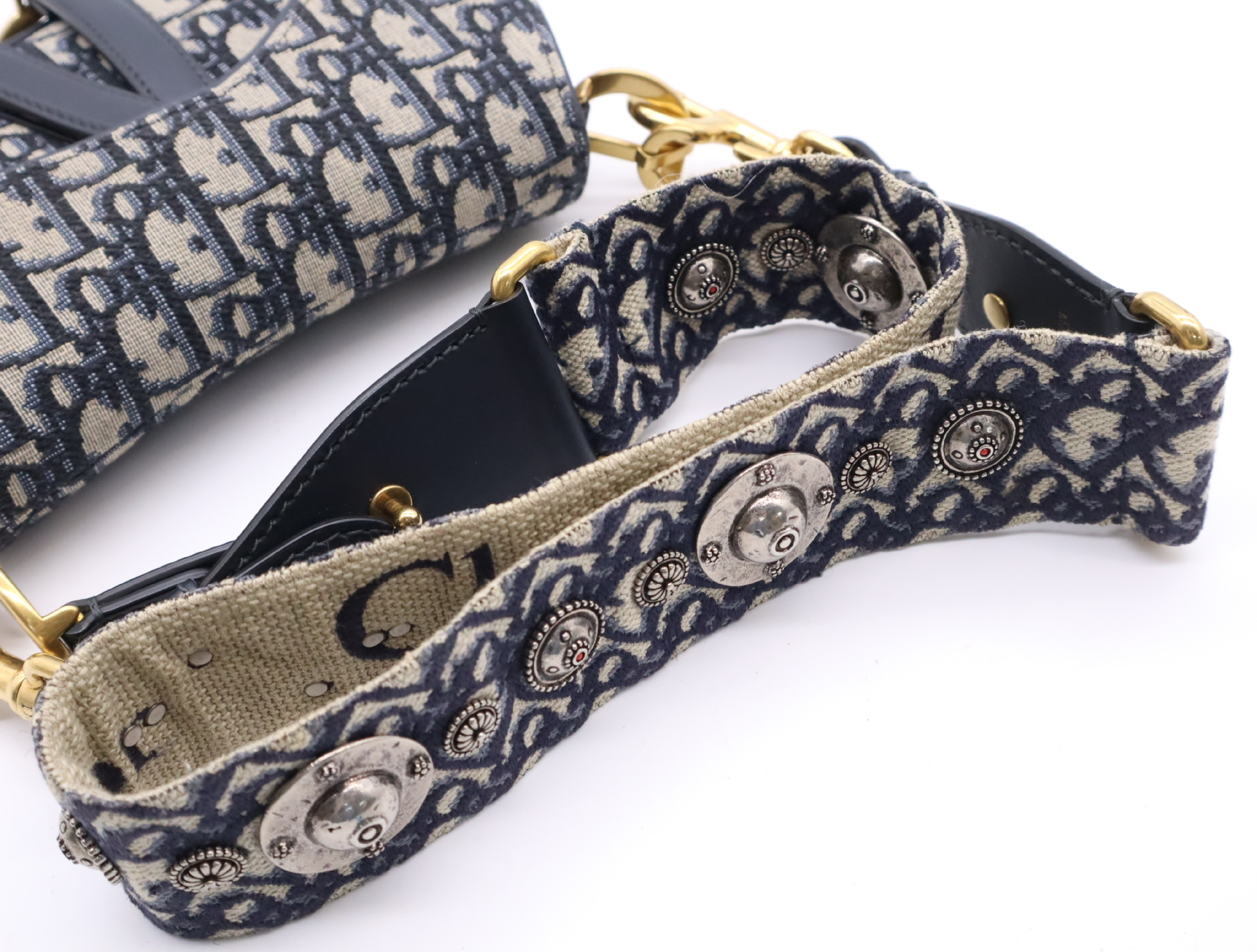 Canvas x Leather Saddle Bag Handbag, Navy, with Shoulder Strap — view 10