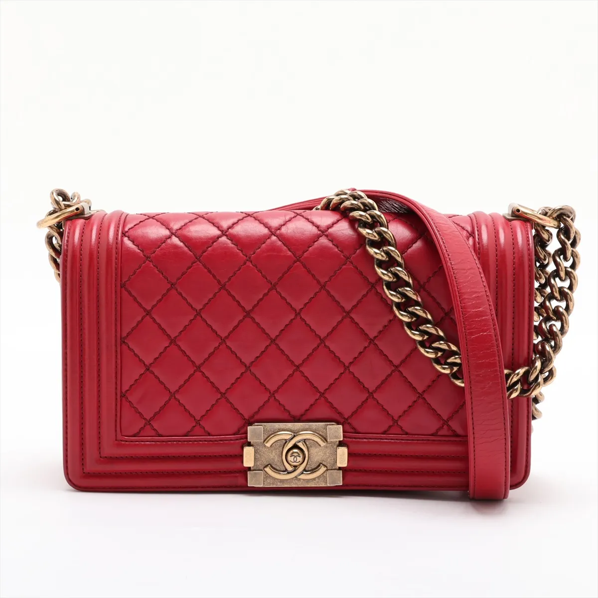 Boy Chanel 25 Leather Chain Shoulder Bag, Red with Gold Hardware, 17834197, Serial Number 17, A67086