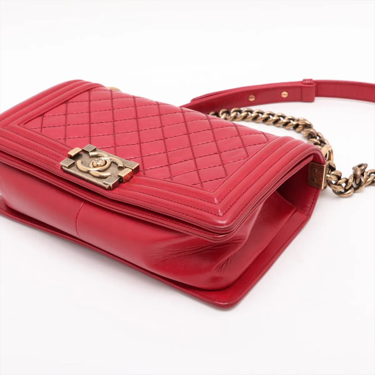 Boy Chanel 25 Leather Chain Shoulder Bag, Red with Gold Hardware, 17834197, Serial Number 17, A67086 — view 3