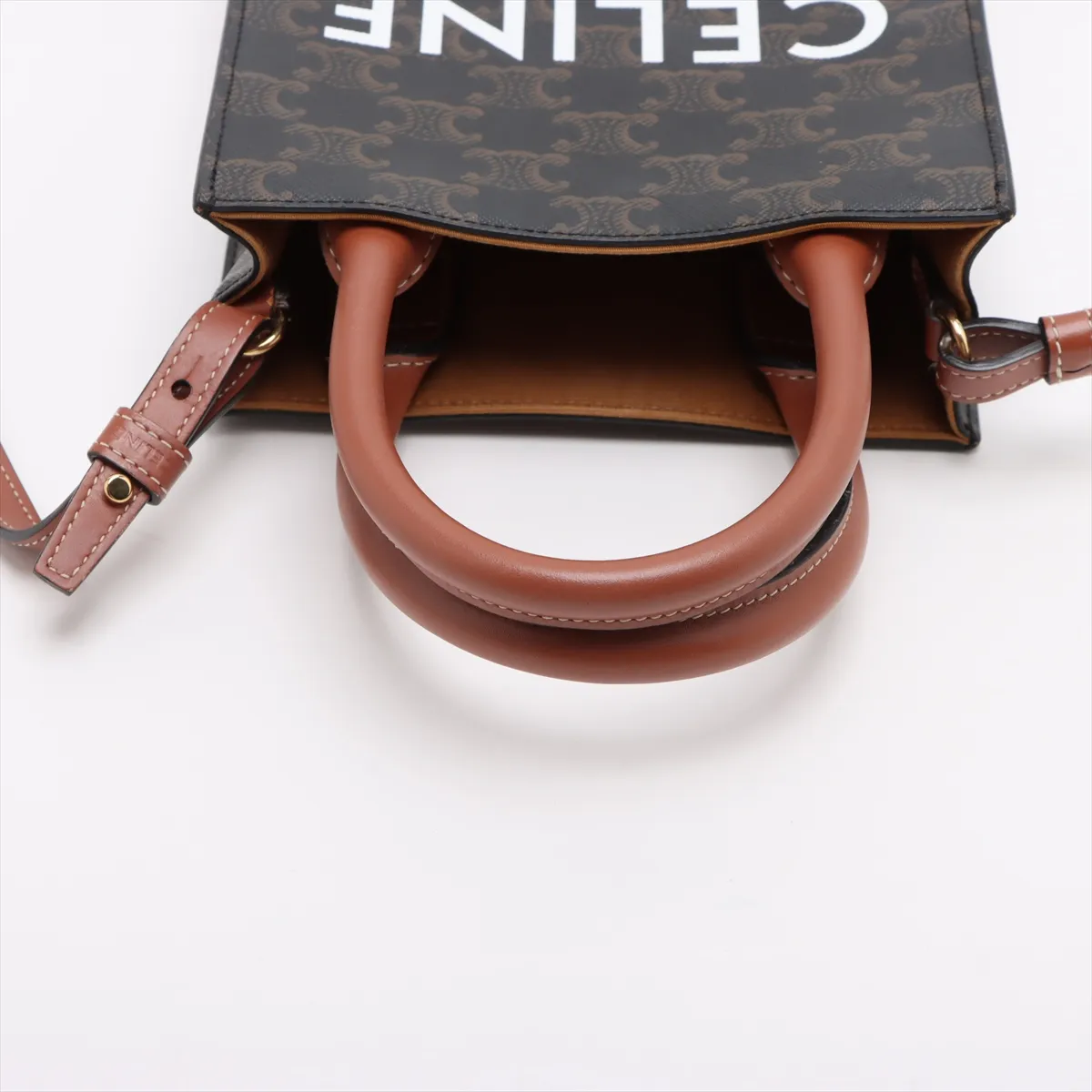 Triomphe Mini Vertical Cabas PVC x Leather Handbag Brown — view 5