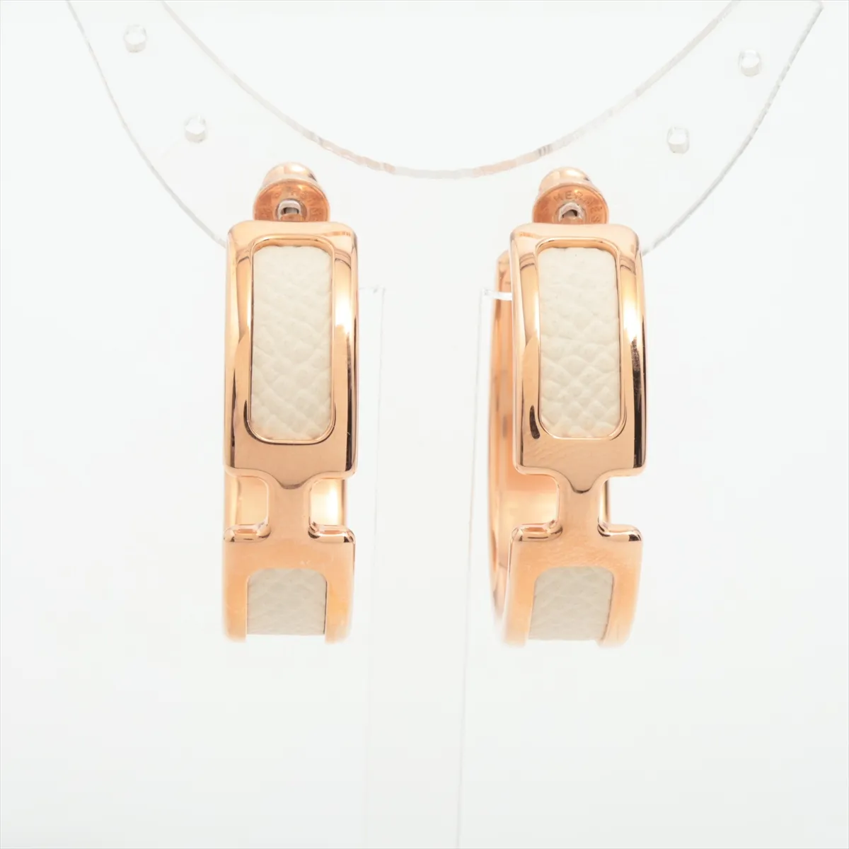 Olympe hoop earrings, GP x leather, rose gold x ivory. Shows wear, tarnishing, — view 2