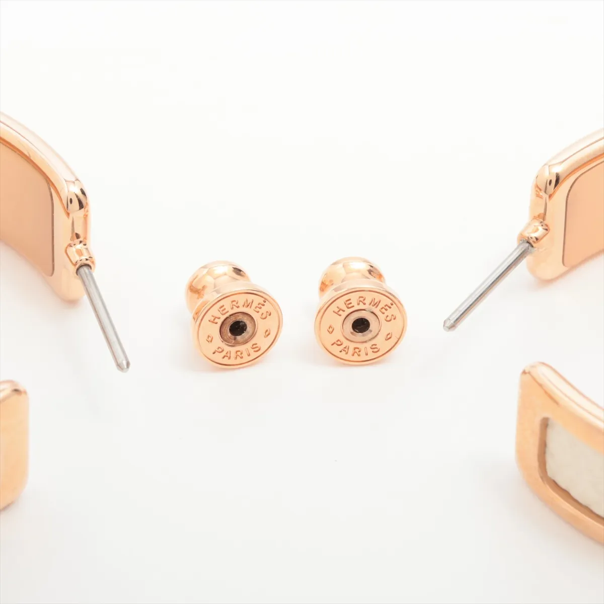 Olympe hoop earrings, GP x leather, rose gold x ivory. Shows wear, tarnishing, — view 4