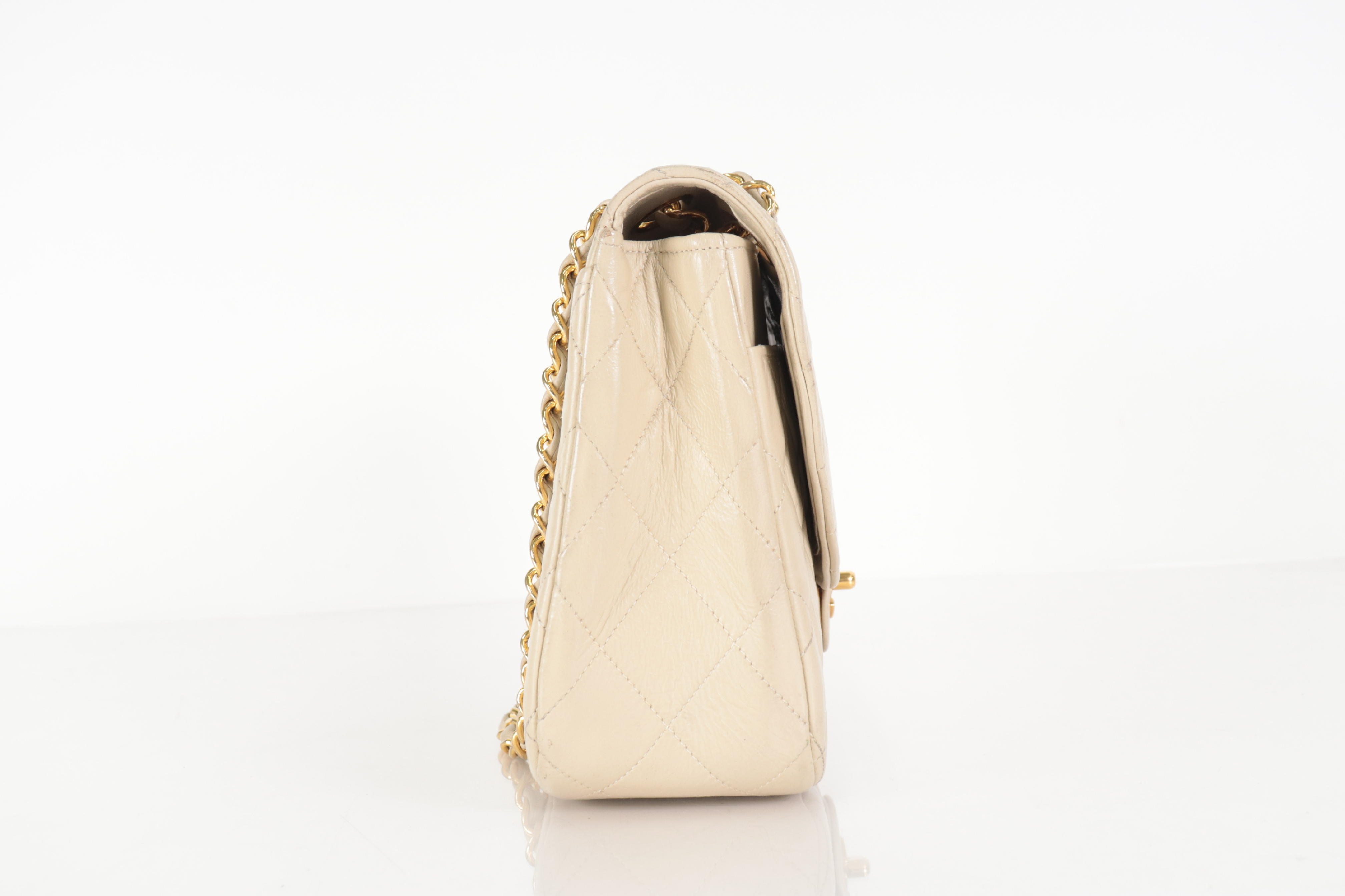 Matelassé Lambskin Round Flap Chain Shoulder Bag, Beige, Series 4 (Shoulder Bag) — view 4