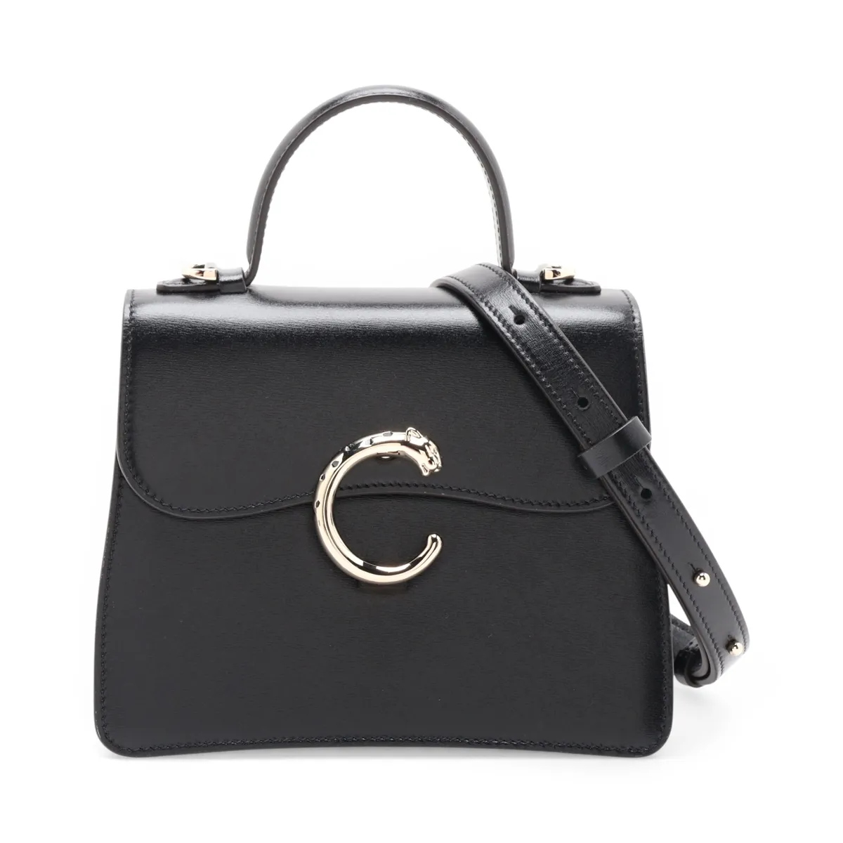 Panthère Leather 2-Way Handbag, Black, with Mirror