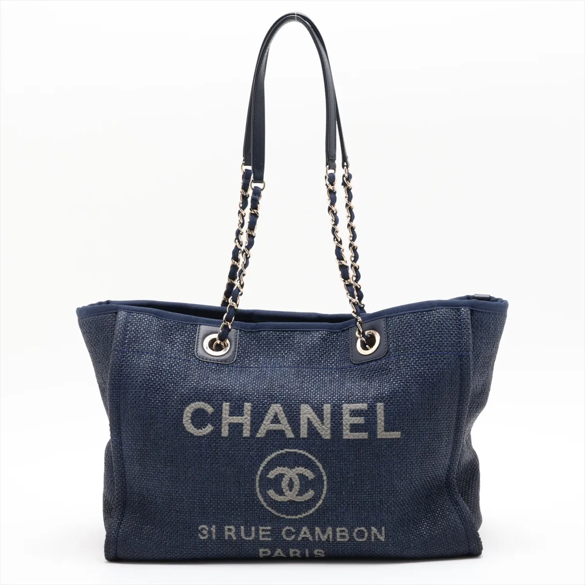 Deauville MM Raffia x Lambskin Chain Tote Bag, Navy, Gold Hardware, 26911032, Serial Number 26