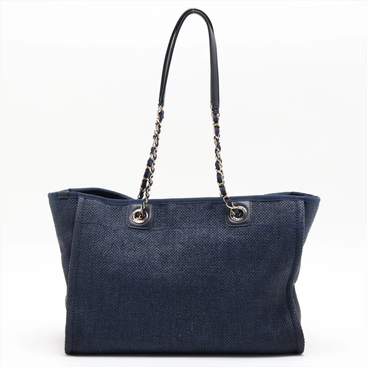 Deauville MM Raffia x Lambskin Chain Tote Bag, Navy, Gold Hardware, 26911032, Serial Number 26 — view 2
