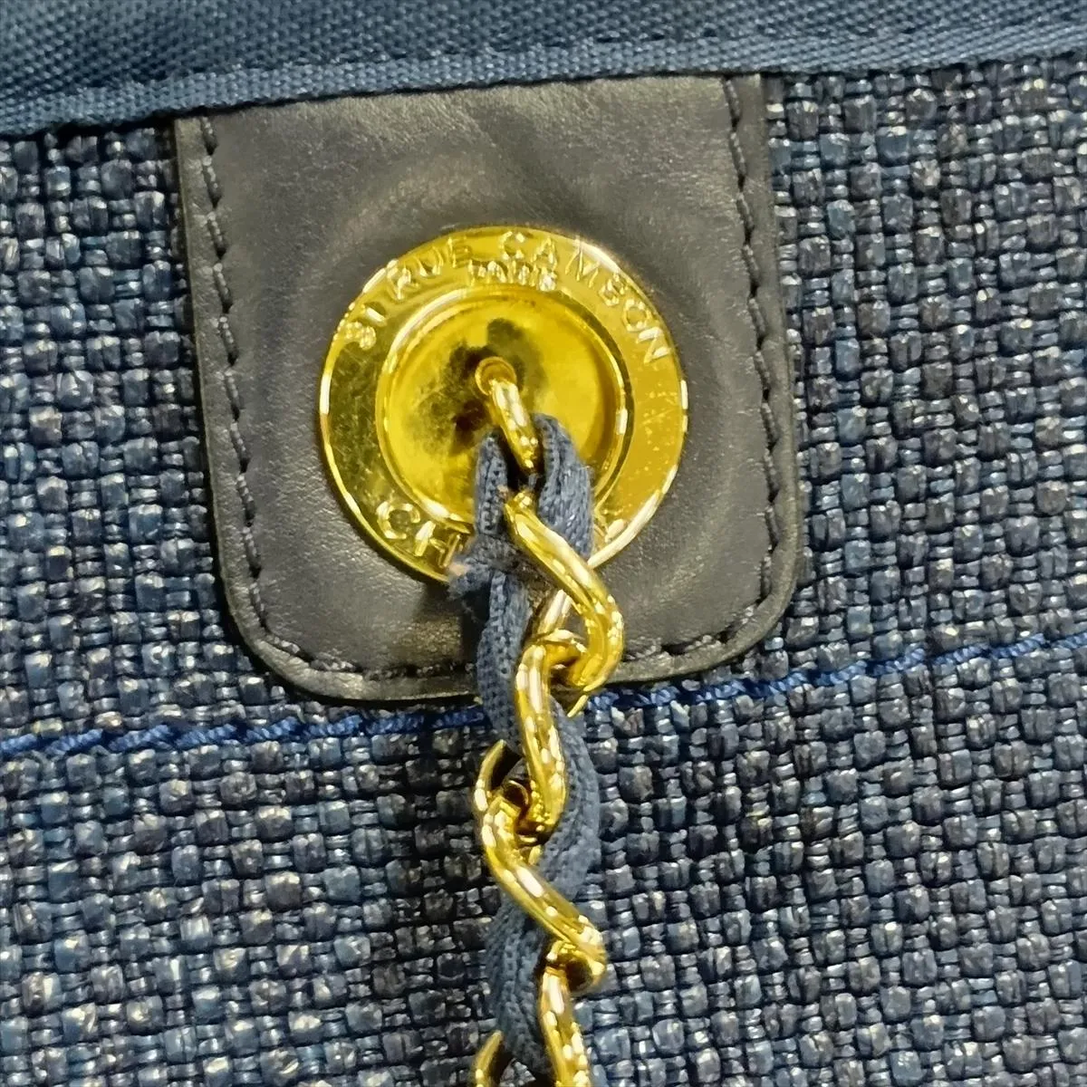 Deauville MM Raffia x Lambskin Chain Tote Bag, Navy, Gold Hardware, 26911032, Serial Number 26 — view 15
