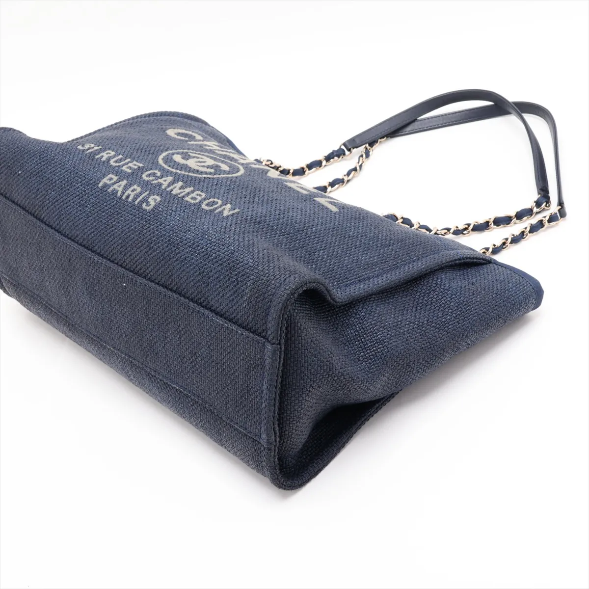 Deauville MM Raffia x Lambskin Chain Tote Bag, Navy, Gold Hardware, 26911032, Serial Number 26 — view 3