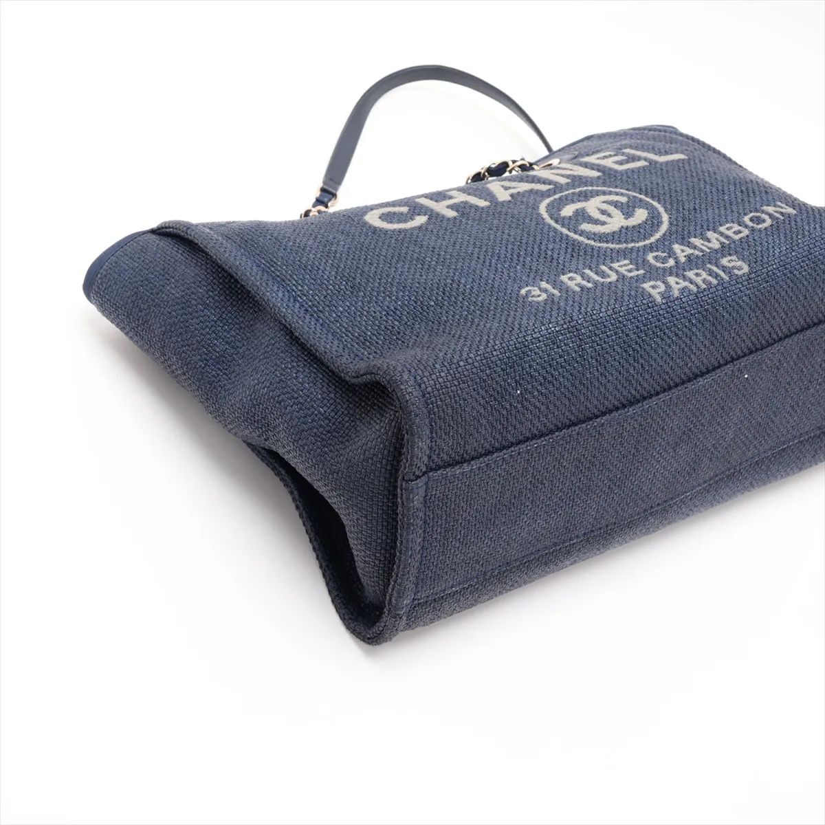 Deauville MM Raffia x Lambskin Chain Tote Bag, Navy, Gold Hardware, 26911032, Serial Number 26 — view 4