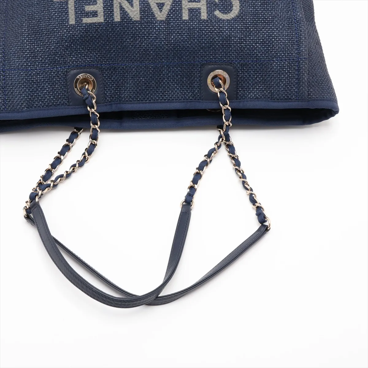 Deauville MM Raffia x Lambskin Chain Tote Bag, Navy, Gold Hardware, 26911032, Serial Number 26 — view 5