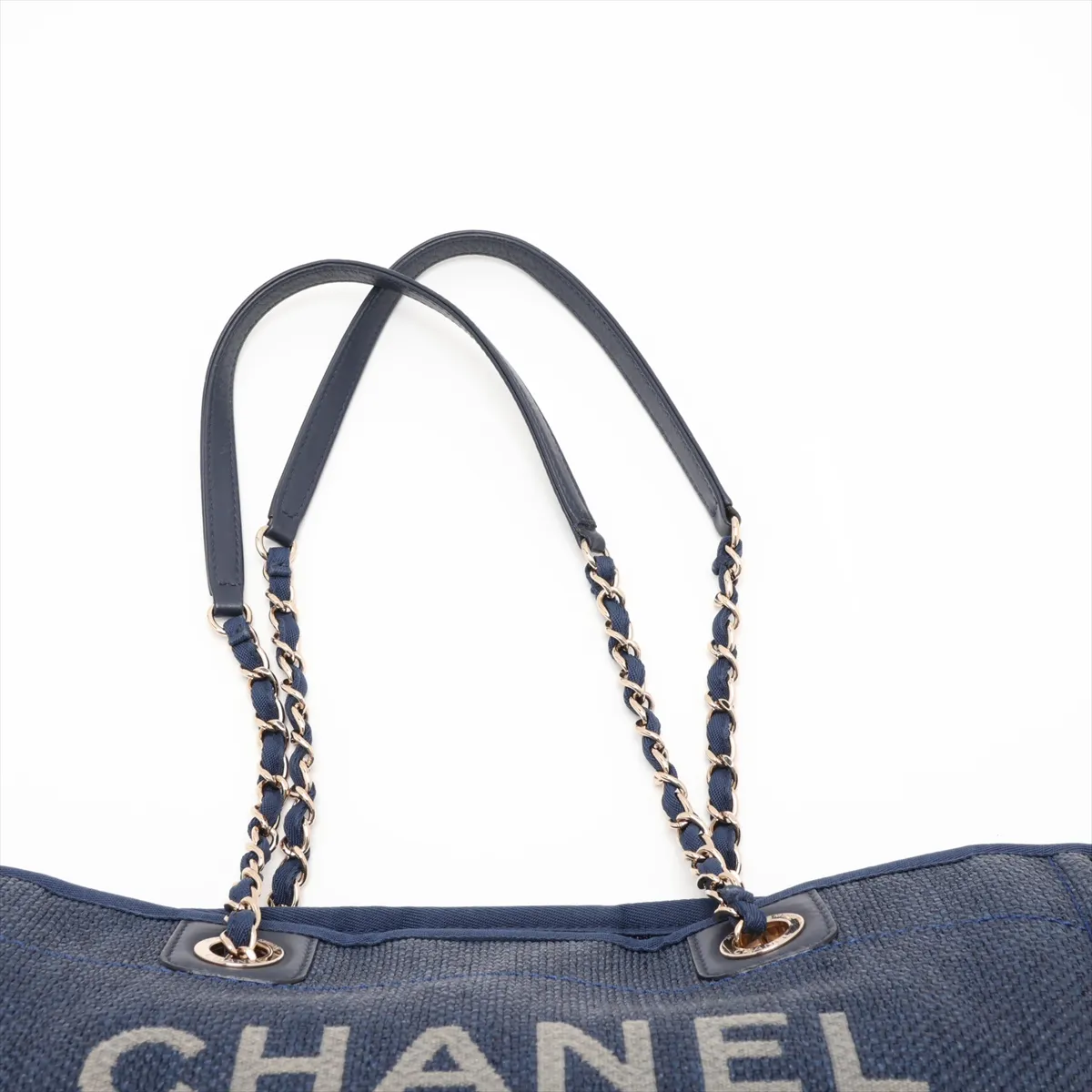 Deauville MM Raffia x Lambskin Chain Tote Bag, Navy, Gold Hardware, 26911032, Serial Number 26 — view 6