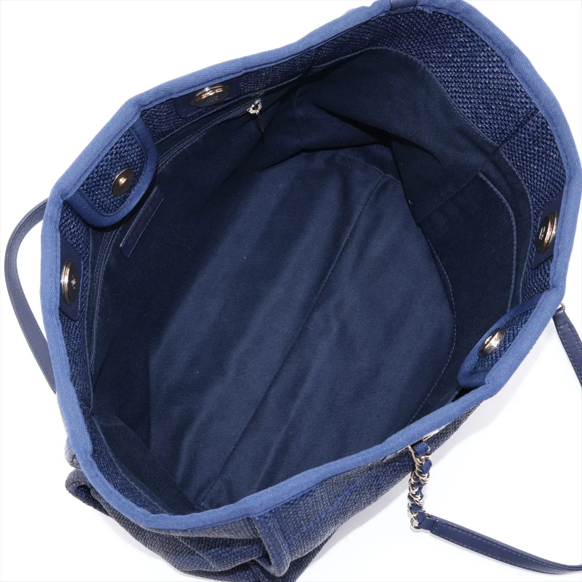 Deauville MM Raffia x Lambskin Chain Tote Bag, Navy, Gold Hardware, 26911032, Serial Number 26 — view 7