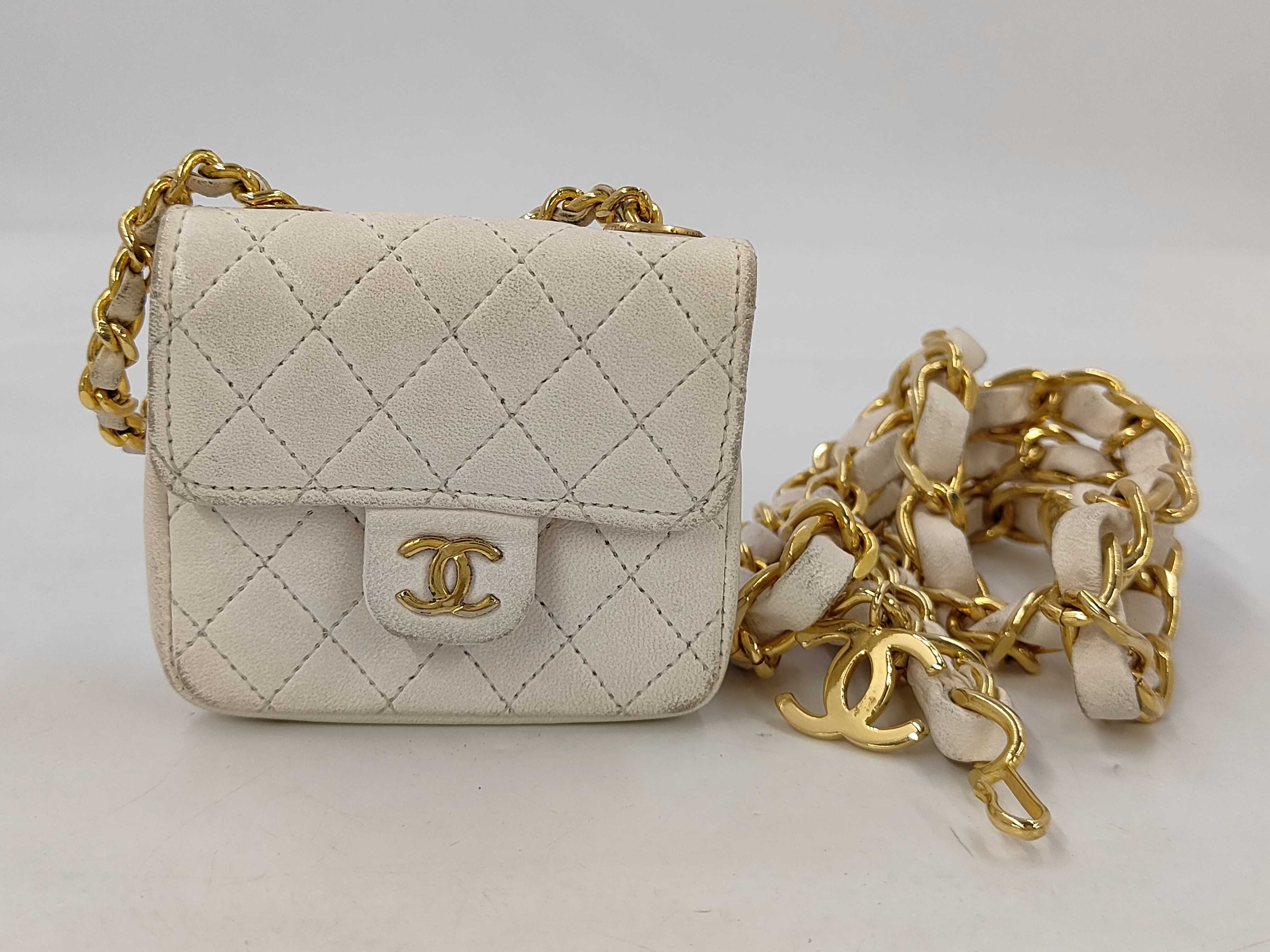 Lambskin Mini Matelassé Chain Belt Bag Charm White Waist Bag