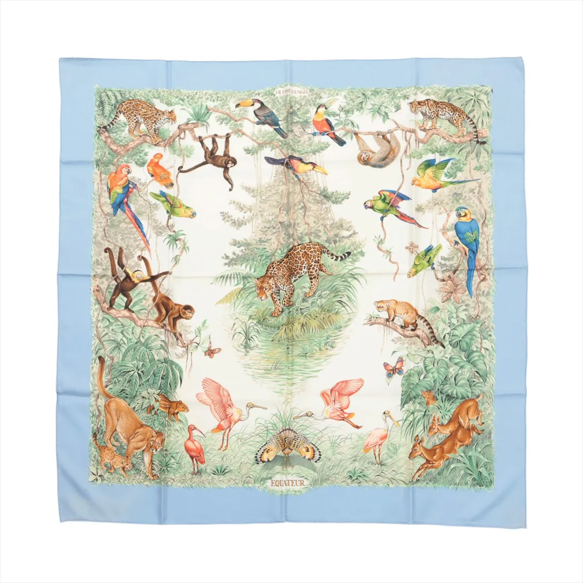 Carre 90 EQUATEUR (Equator) Scarf, Silk, Light Blue. Shows wear,