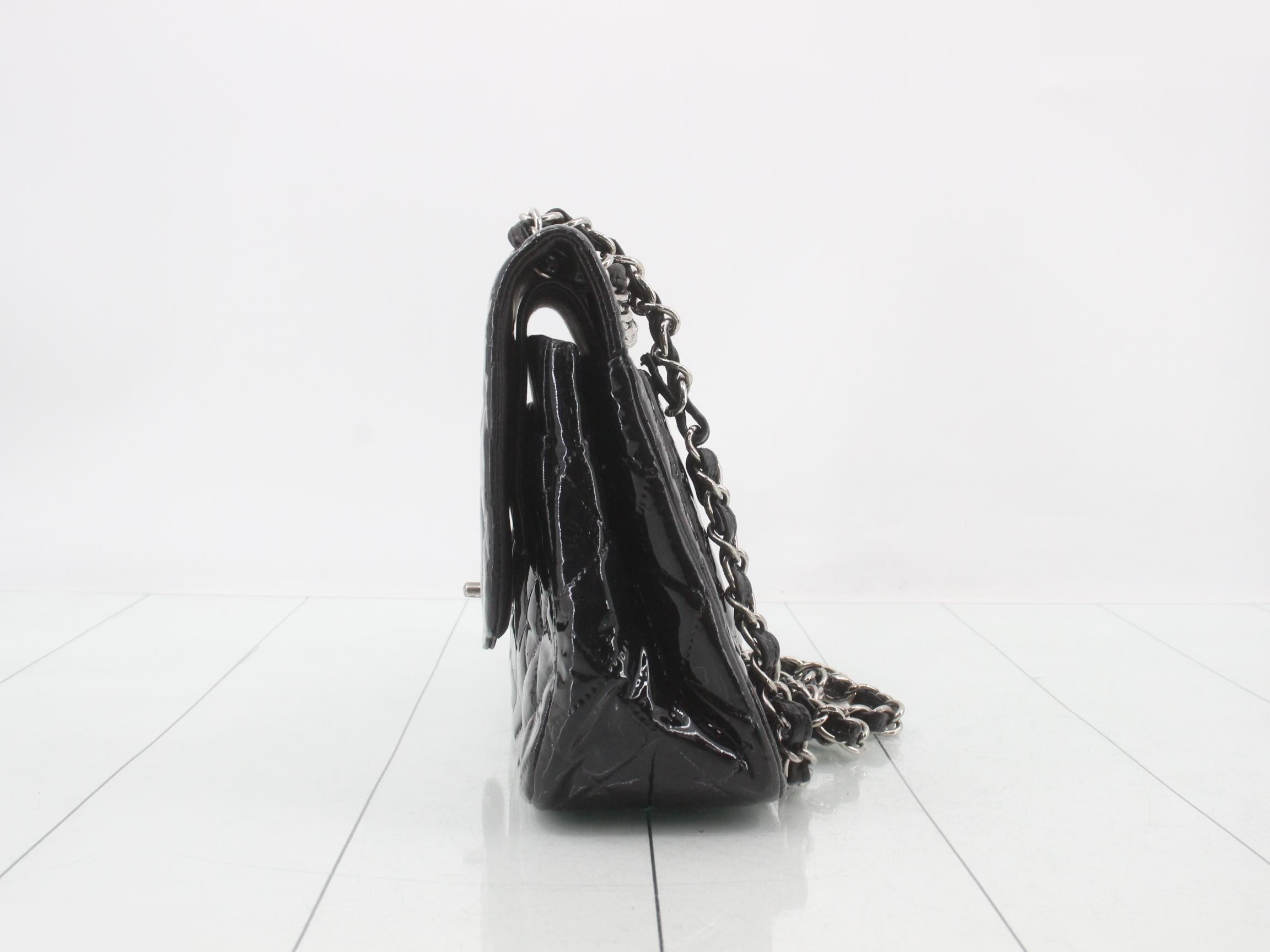 Matelassé enamel black double flap double chain shoulder bag with seal — view 3