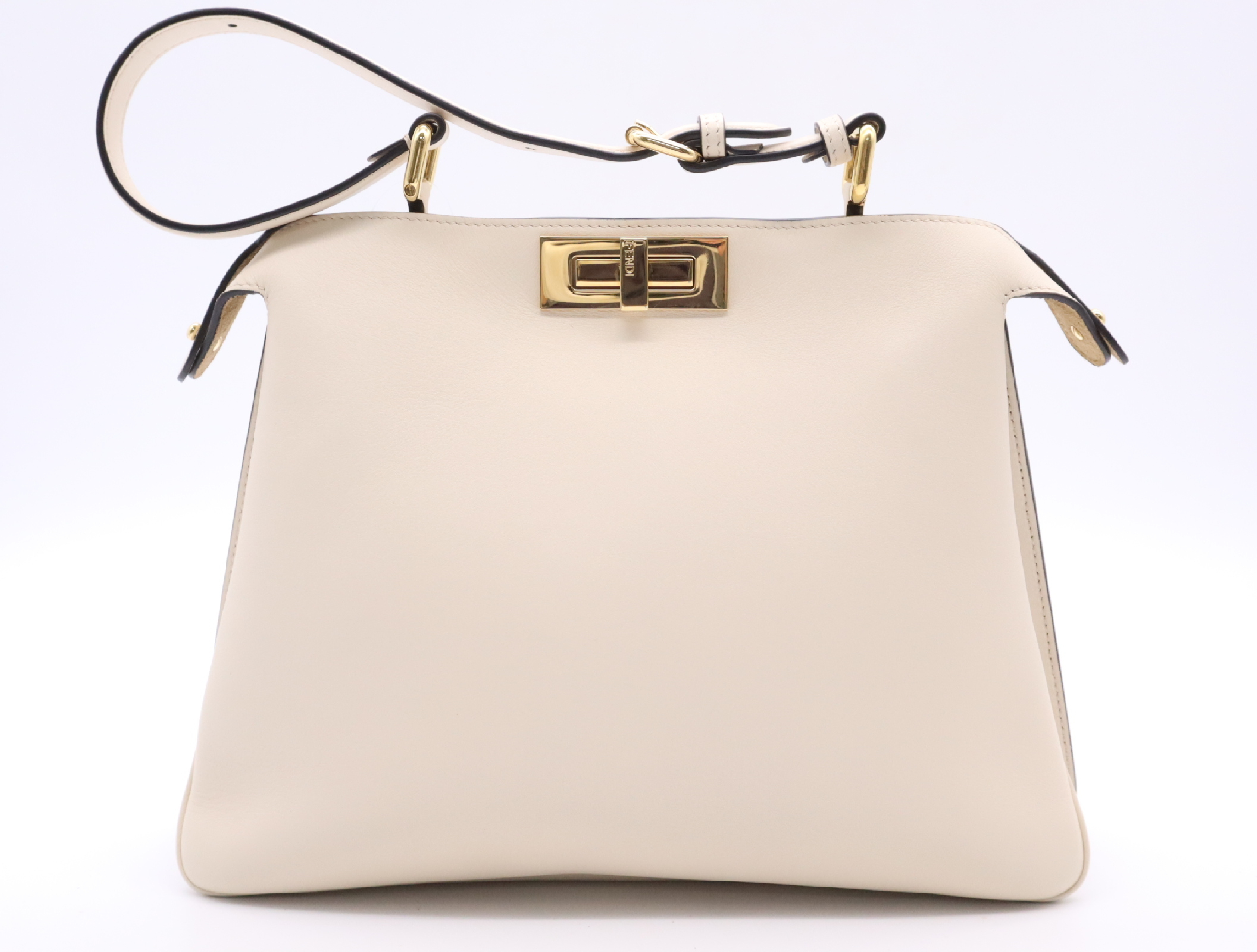 8BN353 Camellia Leather Peekaboo Soft Medium Handbag, White with Gold Hardware, Dust Bag Included — view 2