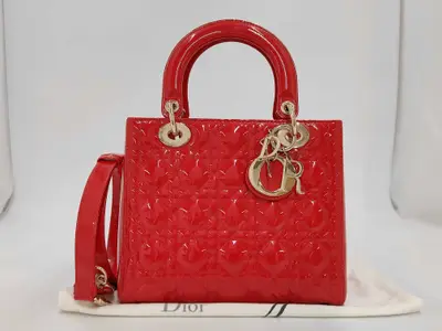 Lady Dior Cannage Patent Leather 2-Way Handbag Red Handbag