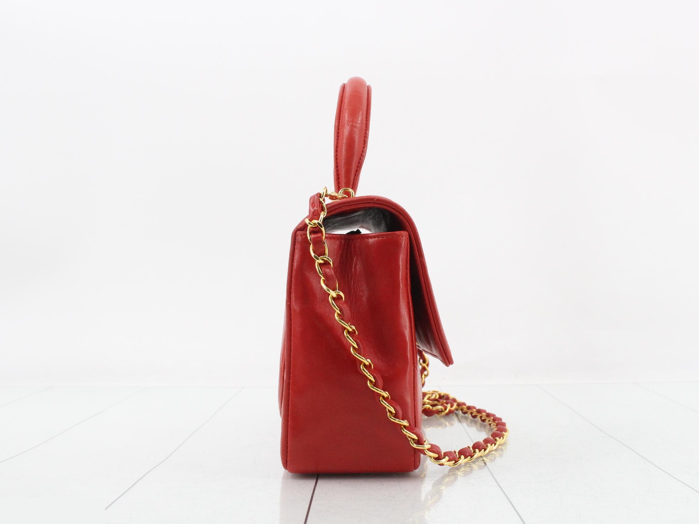 V-stitch leather 2-way chain shoulder/handbag, red — view 4