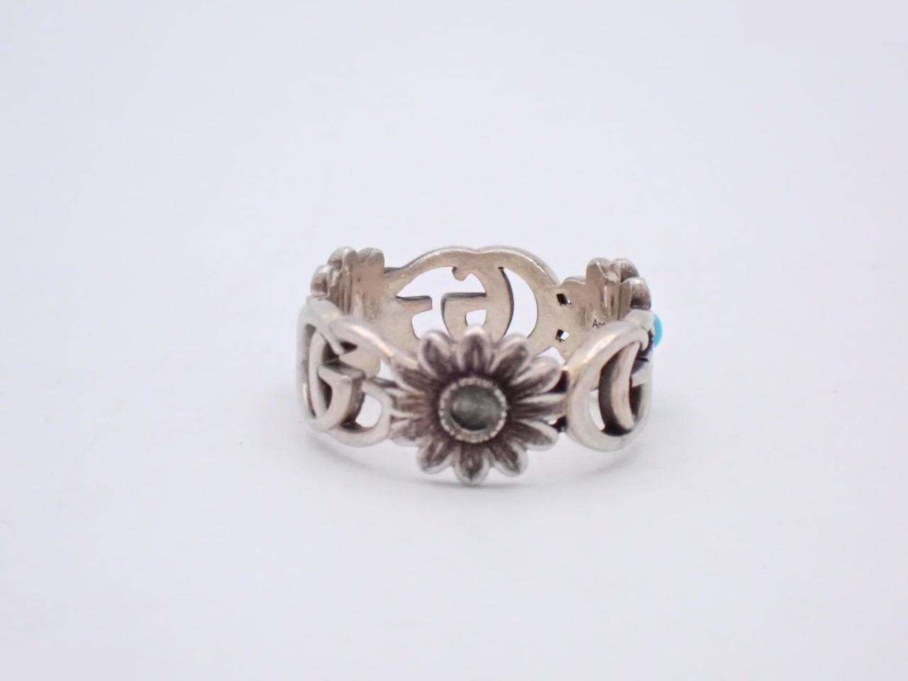 ring, 925 sterling silver, 4.5g, double G flower design, engraved "16", actual size #14 — view 2