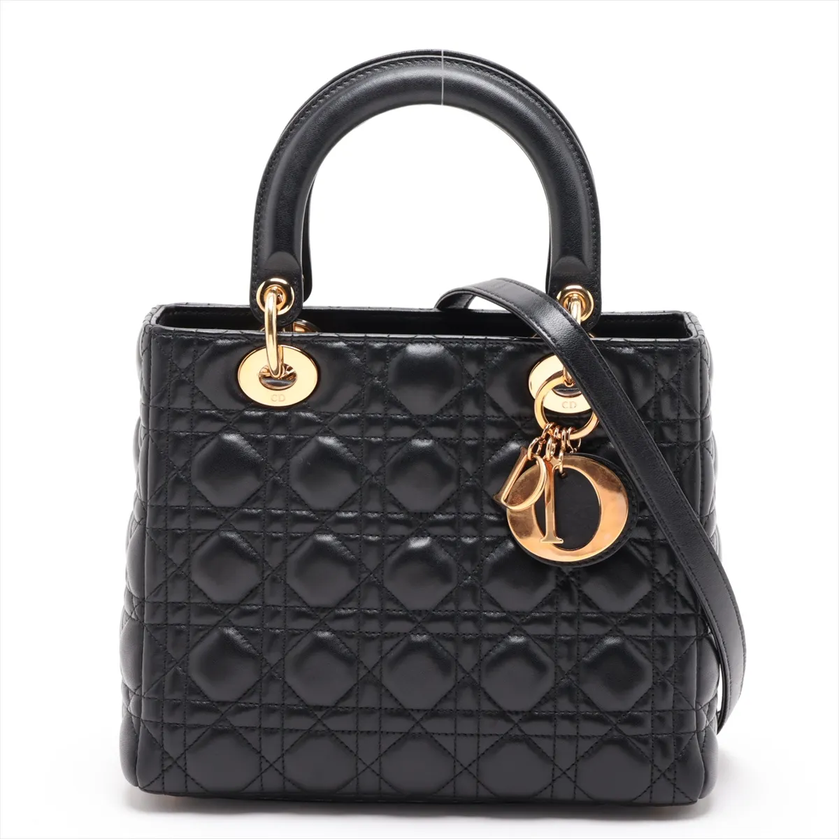 Cannage Lady Dior Leather 2-Way Handbag, Black