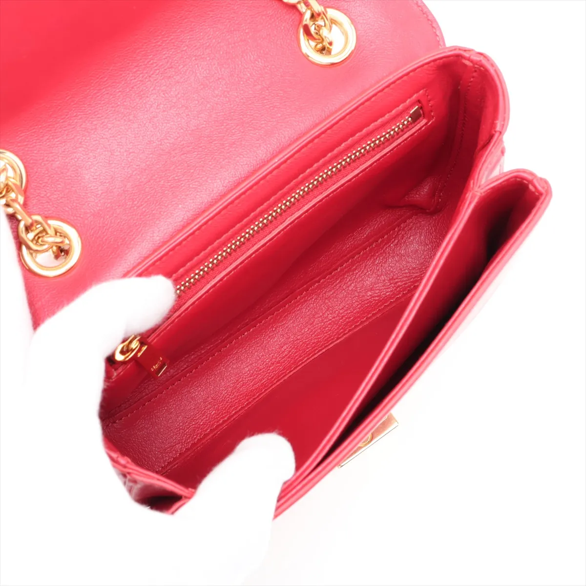 C Medium Leather Chain Shoulder Bag, Red — view 7